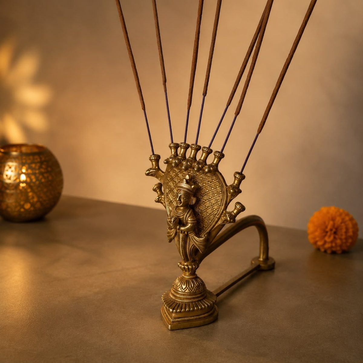 Thumbnail view 3 of Parnami Dashjyoti Solid Brass Incense & Diya Holder